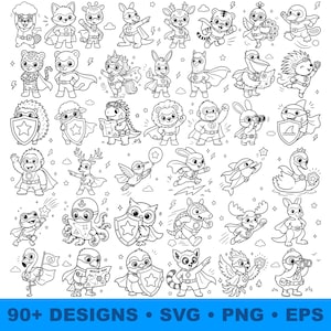 Pode incluir: Ilustrações a preto e branco de vários animais de desenho animado como super-heróis. Cada personagem tem um traje único com capas e escudos. A imagem inclui o texto "90+ DESIGNS • SVG • PNG • EPS".