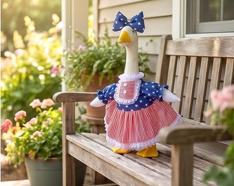 Conjunto de falda patriótica de verano con estrellas y rayas para estatua de ganso de porche de 58 cm.