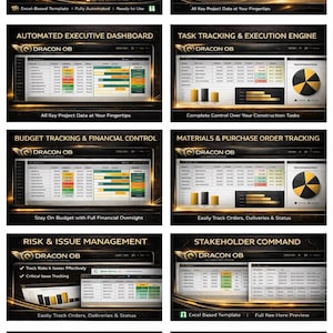 May include: A digital product advertisement for the "Dracon OB Nexus Command System." The image features a black and gold design with the product's logo and various screenshots showcasing features like automated dashboards, task tracking, and budget control. Text includes "Excel-Based Template."