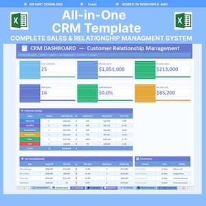 Puede incluir: Una plantilla CRM azul y blanca para Excel, con un panel de control con datos de ventas y gestión de relaciones con los clientes. La plantilla incluye 10 hojas enlazadas, 201 fórmulas en vivo y 25 contactos de muestra. El texto dice "All-in-One CRM Template".