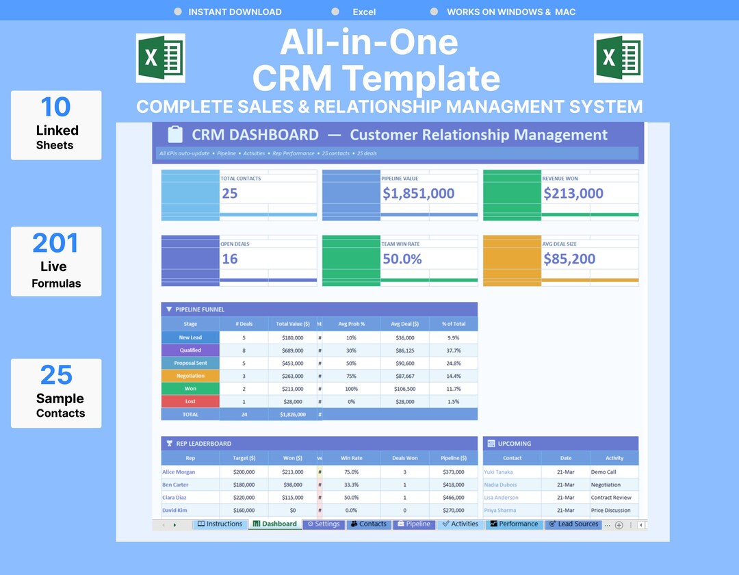 CRM Excel Template | Customer Relationship Management | Sales Pipeline ...