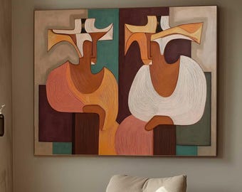 Abstract Cubism Painting, Geometric Figure Wall Art, Mid Century Modern Canvas, Modern Earth Tone Living Room Art,Minimalist Line Art