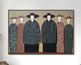 Abstract Cowboy Painting, Textured Figures Canvas Wall Art, Modern Minimalist Tribal Decor, Earth Tone People Living Room Fine Art Gifts
