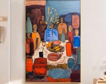 Large Abstract People Gathering Painting, Expressionist Dinner Table Wall Art, Colorful Group Canvas Decor, Modern Living room Wall Decor