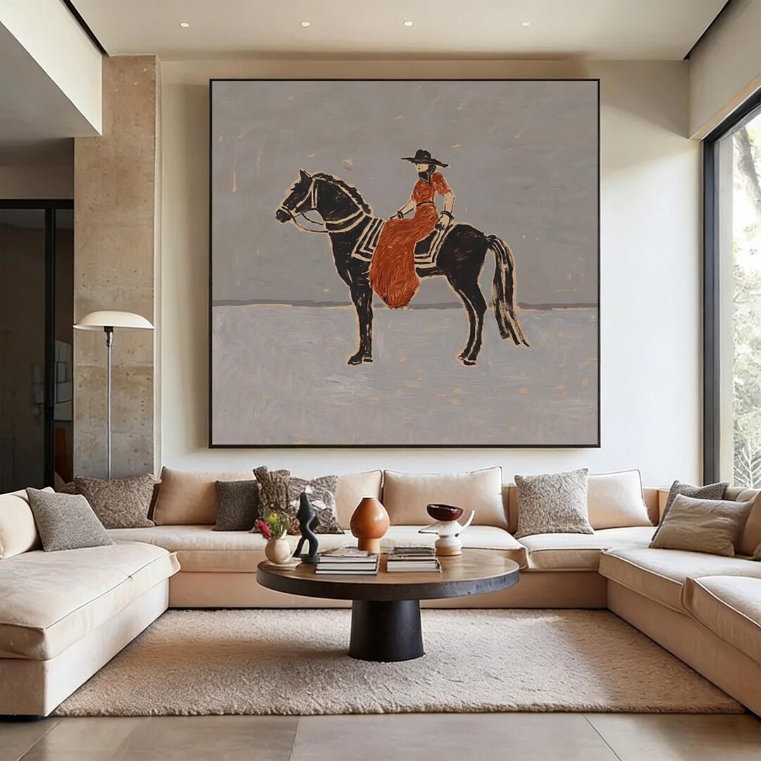 Woman on Horse Painting Modern Equestrian Wall Art Contemporary Folk ...