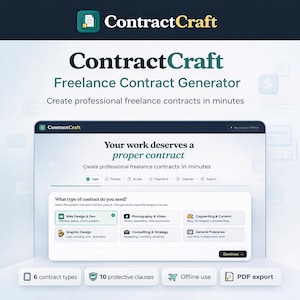 Générateur de contrat indépendant ContractCraft | 6 types de contrats | Outil HTML hors ligne | Exportation PDF | Pas d'abonnement