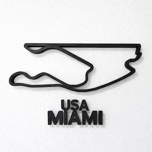 May include: A black, three-dimensional outline of the Miami International Autodrome race track. Below the track layout, the text USA MIAMI is displayed in bold, black, sans-serif capital letters, all set against a textured white background.