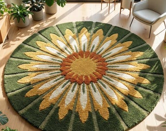 Alfombra redonda retro floral / Alfombra con diseño de rayos de sol verde musgo / Decoración bohemia de mediados de siglo / Esterilla de lana tallada en 3D / Alfombra circular botánica de margaritas
