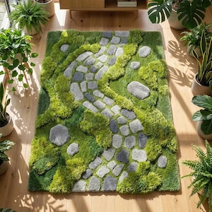 May include: A rectangular rug with a green moss and gray stone design. The rug features a winding path of gray stones surrounded by textured green moss, creating a natural, outdoor aesthetic. The rug is placed on a wooden floor, surrounded by potted plants.