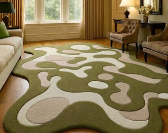 Alfombra de área irregular / Alfombra orgánica verde oliva y rosa / Decoración de habitación posmoderna / Alfombra de lana con mechones personalizados / Alfombra abstracta con forma de mancha ondulada