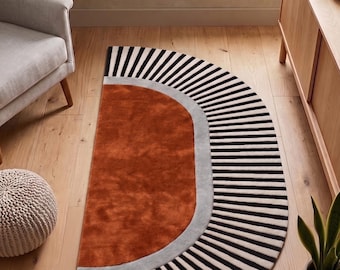 Half Moon Area Rug | Terracotta Geometric Rug | Striped Sunburst Carpet | Mid Century Modern Decor | Custom Tufted Wool | Semi Circle Rug