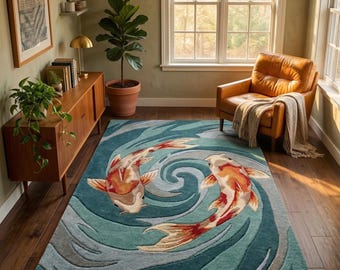 Alfombra con diseño de peces koi en todos los tamaños / Alfombra con remolinos de agua zen / Decoración azul Feng Shui para habitaciones / Alfombra de lana personalizada con mechones / Sala de estar de estilo bohemio costero