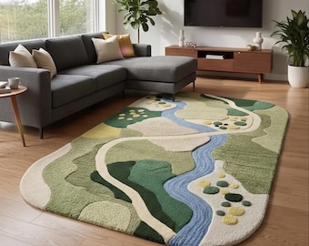 Landscape Area Rug | Topographical Map Carpet | 3D River Play Mat | Custom Tufted Wool | Nature Inspired Floor Art | Biophilic Room Decor