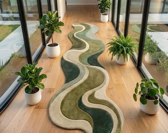 Irregular Runner Rug | Green Wavy Wool Carpet | Biophilic Hallway Decor | Custom 3D Carved Mat | Wabi Sabi Floor Art | Organic Shape