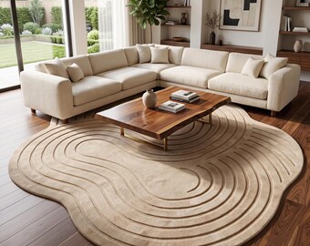 Japandi Area Rug | Zen Garden Carpet | Irregular Beige Mat | Custom Tufted Wool | Wabi Sabi Floor Art | 3D Carved Minimalist Decor