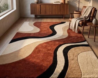 Alfombra abstracta ondulada / Alfombra retro en óxido y negro / Decoración moderna de mediados de siglo / Alfombra de lana con mechones personalizados / Alfombra de estilo bohemio de los años 70