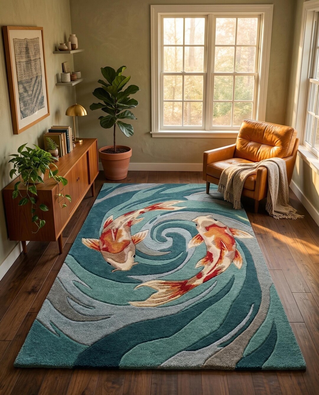 Koi Fish Area Rug All Sizes | Zen Water Swirl Carpet | Feng Shui Blue ...