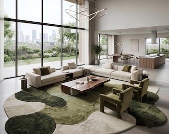 Irregular Olive Rug | Green Wavy Carpet | Topographical Room Mat | Custom Tufted Wool | Postmodern Floor Art | 3D Carved Statement Rug