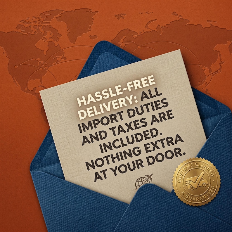 May include: A blue envelope with a beige card inside, featuring the text "HASSLE-FREE DELIVERY: ALL IMPORT DUTIES AND TAXES ARE INCLUDED. NOTHING EXTRA AT YOUR DOOR." A gold seal reads "CUSTOMS CLEARED & GUARANTEED."