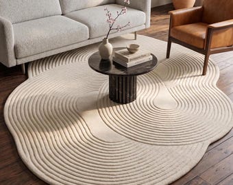 Alfombra Wabi Sabi irregular / Alfombra Zen Garden color crema liso / Alfombra acanalada tallada en 3D / Alfombra de lana con mechones personalizados / Decoración minimalista moderna