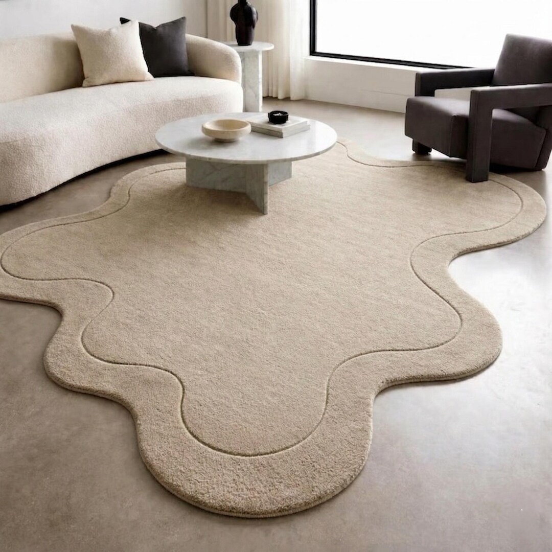 Minimalist Irregular Area Rug | Solid Beige Amoeba Carpet | Wabi Sabi ...