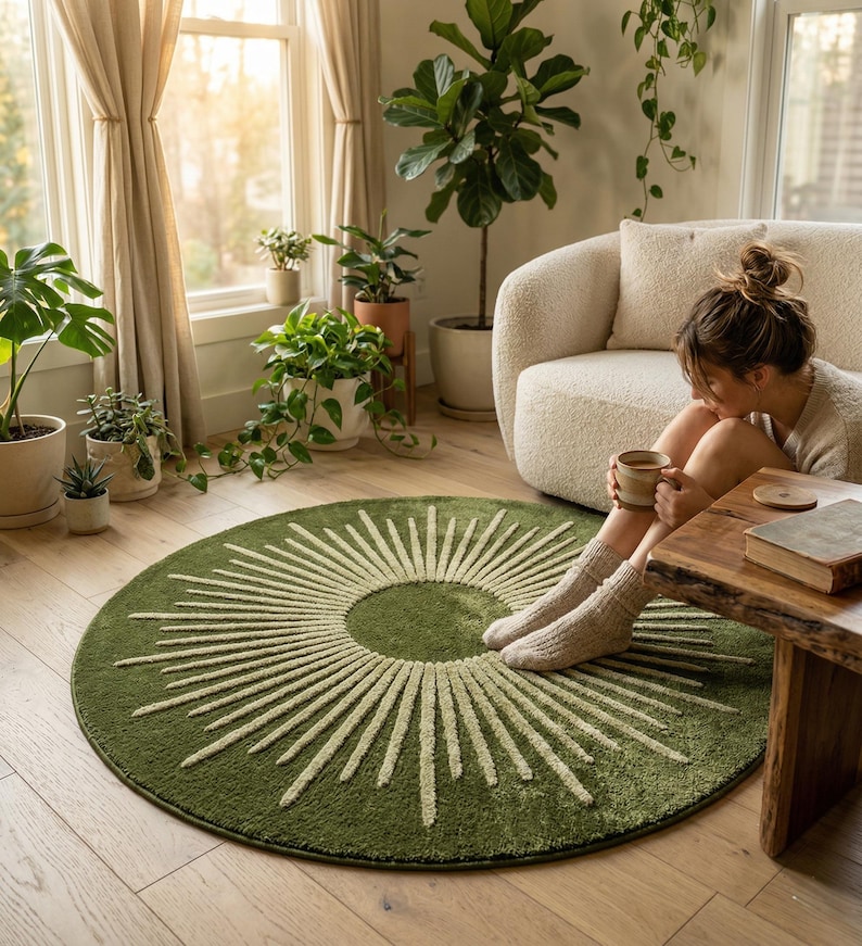 May include: A round, olive green rug with a sunburst design in cream. The rug is placed on a wooden floor in a well-lit room with plants and a cream-colored sofa. The rug's diameter is approximately 60 inches.