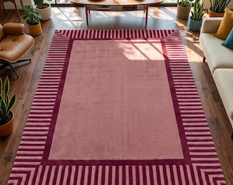 Dusty Rose Area Rug, Striped Border Wool Carpet, Burgundy and Pink Mat, Modern Art Deco Decor, Custom Tufted Geometric Rug, Minimalist Room