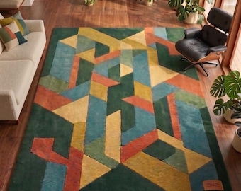 Alfombra geométrica de bucles / Alfombra cubista de estilo moderno de mediados de siglo / Alfombra de lana tejida a mano / Decoración de habitación con laberinto colorido / Alfombra bohemia texturizada. Todos los tamaños.