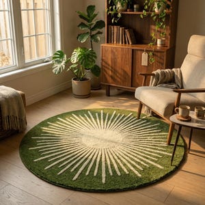 Round Sunburst Area Rug | Olive Green Cut and Loop Pile Carpet | Mid Century Boho Decor | Earthy Textured Circle Mat | Custom Tufted Rug image 9