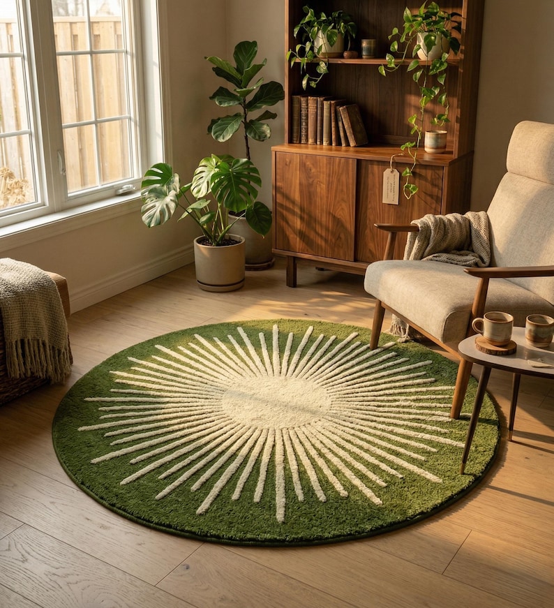 Round Sunburst Area Rug | Olive Green Cut and Loop Pile Carpet | Mid Century Boho Decor | Earthy Textured Circle Mat | Custom Tufted Rug image 9