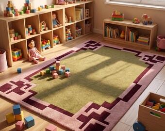 Geometric Area Rug | Pixelated Border Carpet | Sage Green Pink Mat | Custom Tufted Wool | Retro Playroom Decor | 8 Bit Floor Art