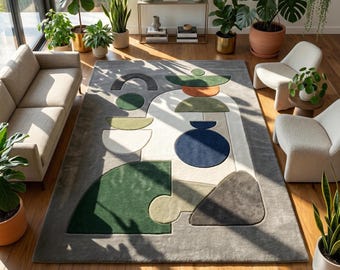 Alfombra geométrica abstracta / Alfombra moderna Bauhaus / Decoración de habitaciones de mediados de siglo / Alfombra de lana con mechones personalizados / Alfombra Art Déco con bloques de color gris