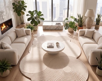 Irregular Cream Area Rug | Wabi Sabi Zen Garden Carpet | 3D Carved Ribbed Mat | Custom Tufted Wool Rug | Minimalist Japandi Decor rugs gift
