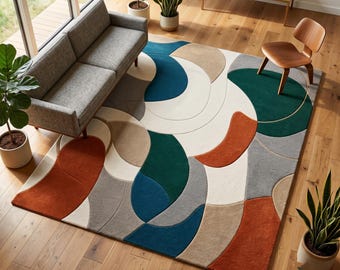 Colorful Geometric Area Rug, Mid Century Modern Abstract rug Teal and Rust Wool Mat, Bauhaus Room Decor, Custom Tufted Living Room Rug 9x12