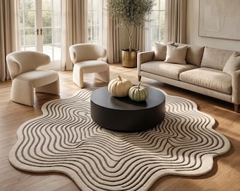 Scalloped Round Rug | Zen Garden Carpet | Floral Ripple Area Mat | Custom Tufted Wool | Wabi Sabi Floor Art | 3D Carved Japandi Decor