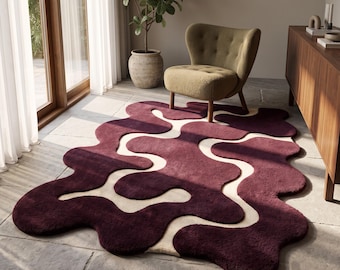 Irregular Area Rug | Plum Purple Carpet | Abstract Mauve Room Mat | Custom Tufted Wool | Wabi Sabi Floor Art | 3D Carved Statement Rug