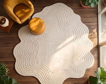 Irregular Cream Area Rug | 3D Carved Wavy Carpet | Minimalist Room Decor | Wabi Sabi Wool Mat | Custom Tufted Solid Rug | Organic Shape