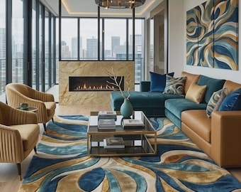 Teal Area Rug | Gold Swirl Carpet | Blue Abstract Room Mat | Custom Tufted Wool | Luxury Living Room Decor | 3D Carved Wavy Floor Art