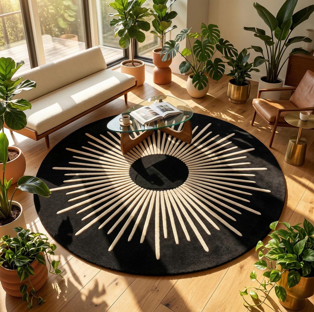 Black and White Round Sunburst Rug | Minimalist Circular Carpet ...