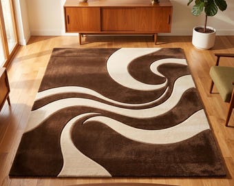 Chocolate Brown Abstract Rug, Mid Century Modern Swirl Carpet, Wavy Retro 70s Area Rug, 3D Carved Wool rugs Custom Tufted Living Room Rug