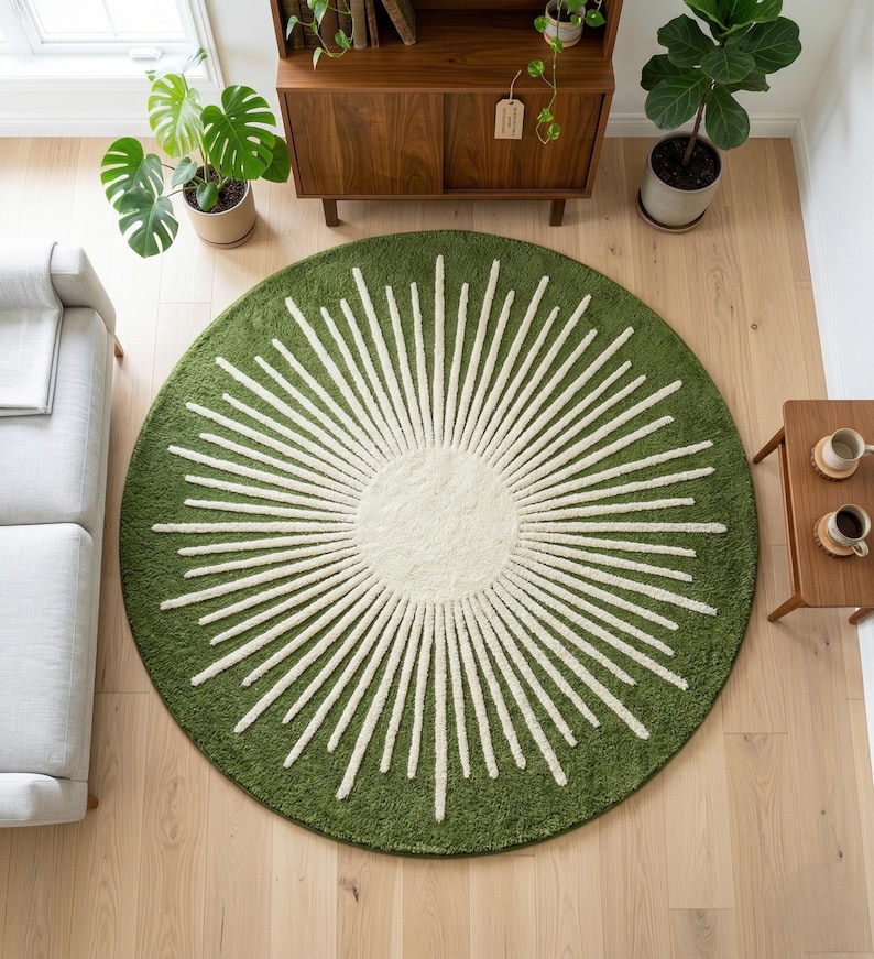 May include: A round green rug with a white sunburst design. The rug has a soft, textured appearance and is placed on a light-colored wooden floor. The rug's design features a central off-white circle with radiating white lines.