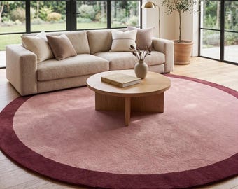 Alfombra redonda rosa / Alfombra con borde burdeos y bloques de color / Decoración de habitación en tonos pastel daneses / Alfombra de lana personalizada / Dormitorio con estética coqueta