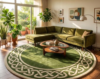 Round Green Area Rug, Celtic Knot Wool rug, Emerald Green Room Decor, Custom Tufted rug, Mid Century Modern Rug, green Circular rugs 8x8 9x9