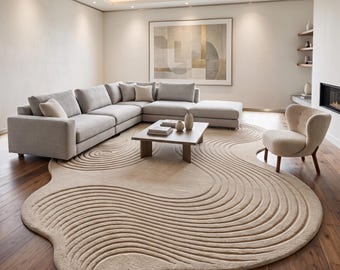 Japandi Area Rug | Zen Garden Carpet | Irregular Beige Mat | Custom Tufted Wool | Wabi Sabi Floor Art | 3D Carved Minimalist Decor