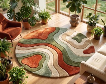 Alfombra redonda topográfica / Alfombra ondulada de tonos tierra / Decoración en terracota verde musgo / Esterilla de lana tallada en 3D / Alfombra biofílica de estilo moderno de mediados de siglo