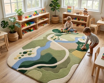 Kids Playroom Rug | Topographical Map Mat | 3D River Carpet | Custom Tufted Wool | Nature Inspired Decor | Biophilic Nursery Floor Art