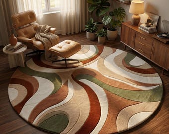 Alfombra redonda ondulada abstracta / Alfombra con remolinos de terracota y verde / Decoración moderna de mediados de siglo / Alfombra de lana con mechones personalizados / Alfombra circular de tonos tierra