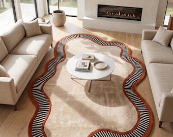 Irregular Wavy Area Rug | Striped Border Carpet | Beige and Rust Art Deco Mat | Custom Tufted Asymmetrical Rug | Modern Floor Art Decor rugs