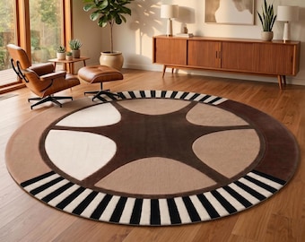 Alfombra redonda geométrica con estrellas / Alfombra de área a rayas verde claro / Decoración moderna de mediados de siglo / Alfombra de lana con mechones personalizados / Alfombra circular posmoderna