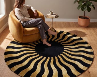Alfombra redonda negra, alfombra dorada y negra, decoración de habitación maximalista, alfombra de lujo, tapete ondulado con diseño de rayos de sol, lana con mechones personalizados, alfombra tallada en 3D